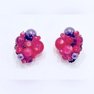 3/$18 Pink Purple Beaded Cluster Clip On Earrings Berry MCM Costume Jewelry